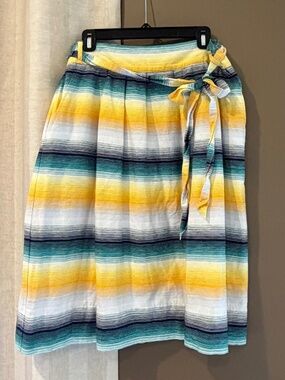GAP Belted A-line Skirt, yellow Blue White Striped Linen Blend, Summer, Size 12